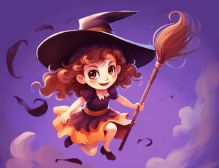 万圣节女巫骑扫把紫色卡通插画背景