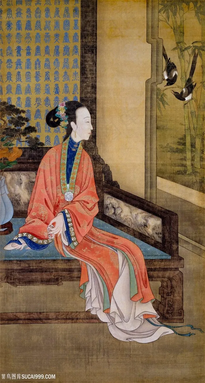 雍正十二看杜鹃花画穿橙色服饰的美人图绘画图片