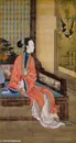 雍正十二看杜鹃花画穿橙色服饰的美人图绘画图片