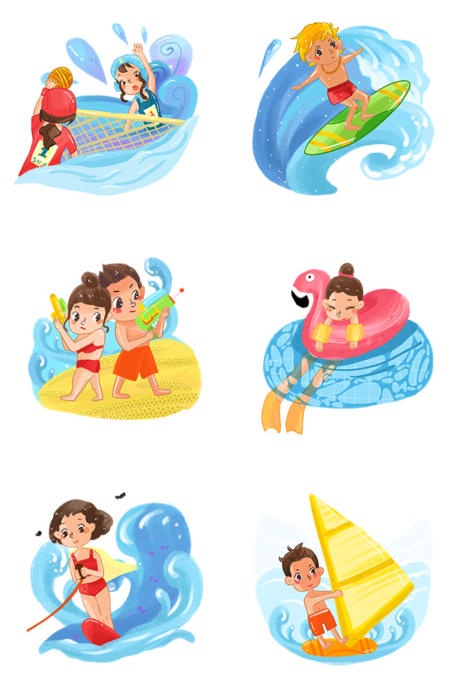 夏季暑假水上运动手绘插画psd模版下载