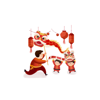 虎年新年场景包饺子舞狮鞭炮年夜饭手绘