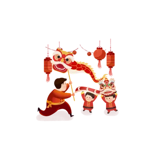 虎年新年场景包饺子舞狮鞭炮年夜饭手绘