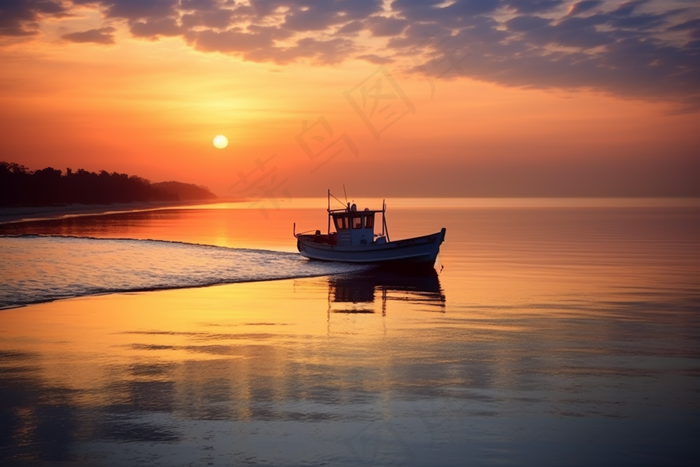 夕阳海边落日余晖摄影图