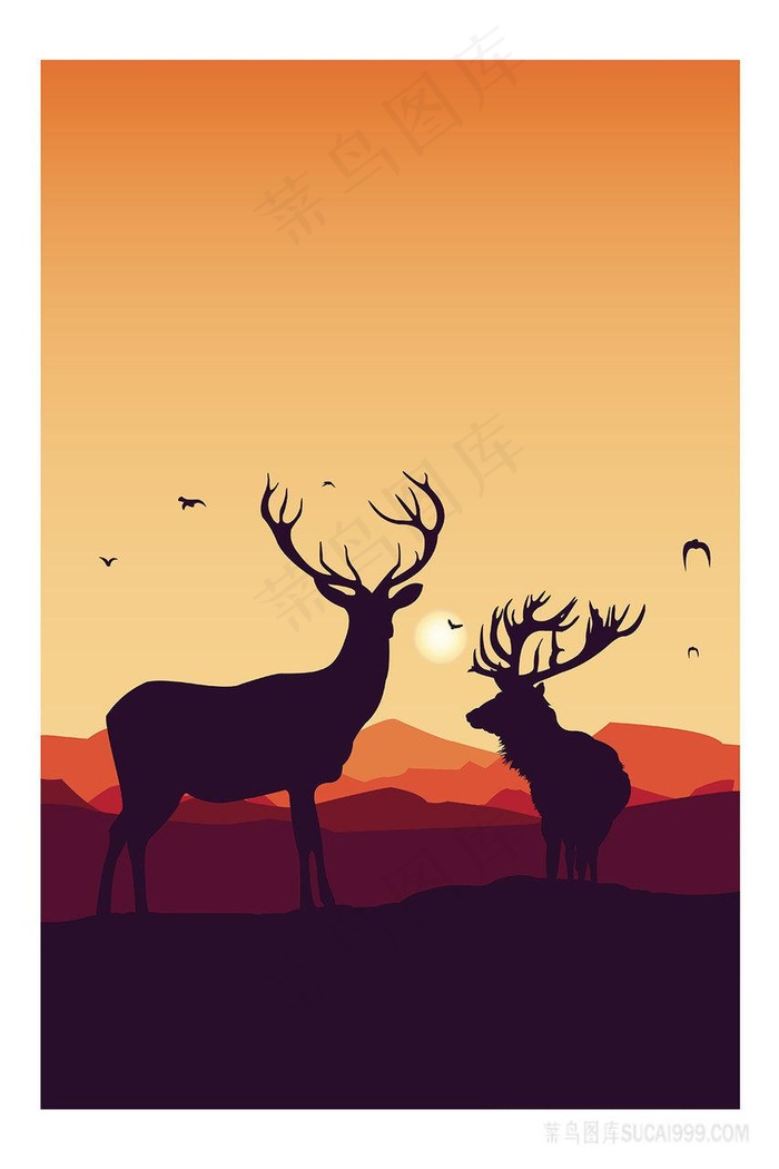 黄昏麋鹿风景画插画