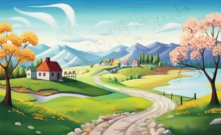 乡村村庄美丽风景河流插画农田插画背景