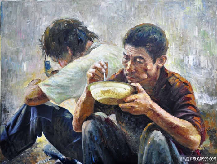 农民拿着碗吃饭油画装饰画