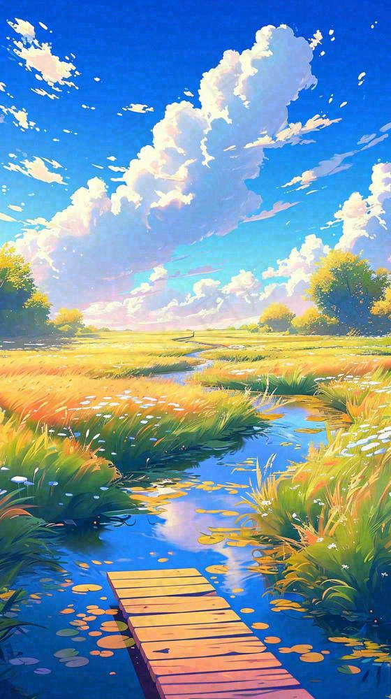 春天草坪河流小溪蓝天白云清新阳光手绘插画，立春春分