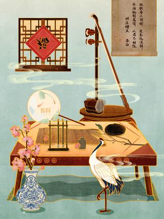 复古民国风国潮古风山水风筝乐器手绘插画PSD海报设计素材