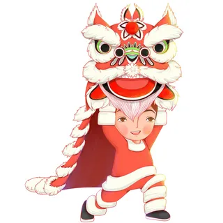 新年春节虎年元宵手绘人物舞狮卡通狮子头插画元素PSD设计素材