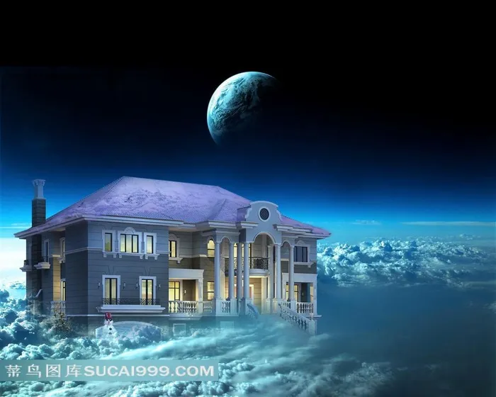 太空中云朵上的城堡图片