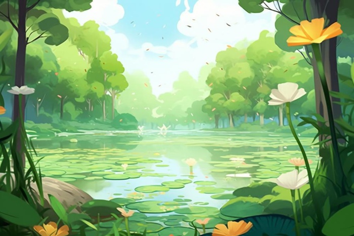 绿色荷花池温馨插画背景