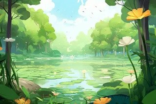 绿色荷花池温馨插画背景