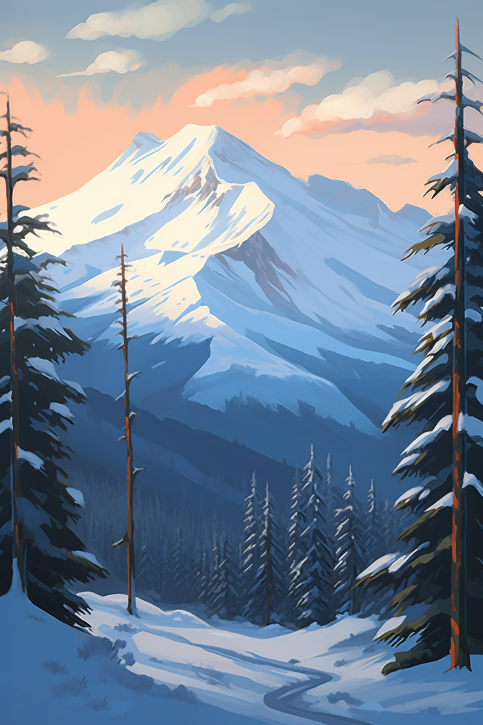 冬天山里森林的雪景卡通插画(2688x4032)