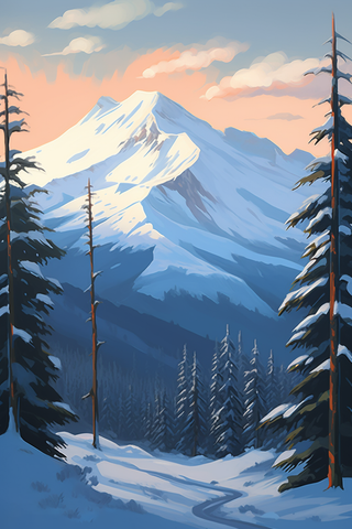 冬天山里森林的雪景卡通插画