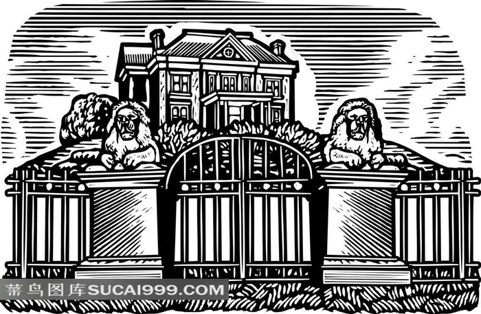 手绘狮子大门别墅插画