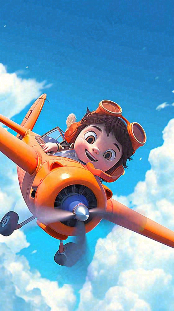 卡通少年男孩飞行飞机玩耍，可爱儿童节，天空白云