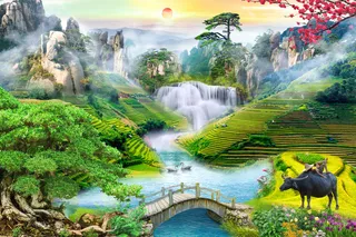 流水生财梯田黑牛花卉风景