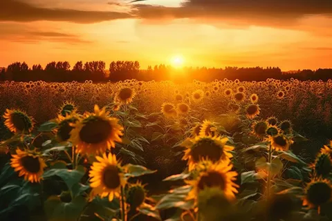 向日葵田上的金色夕阳和明亮的太阳摄影图壁纸 向日葵田上的金色夕阳和明亮的太阳摄影图壁纸
