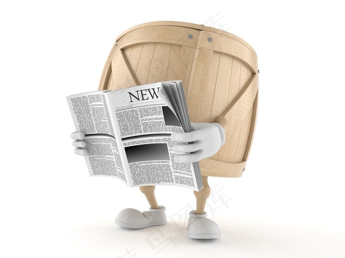拿着报纸的木质酒桶高清图片3D图片