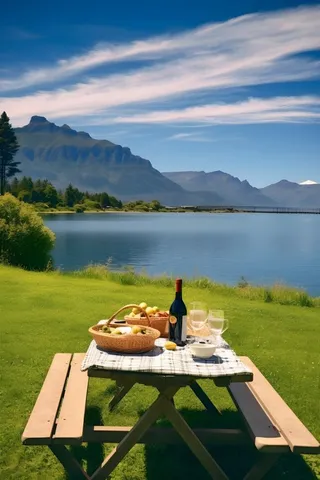 草地野餐郊外篮子山脉背景