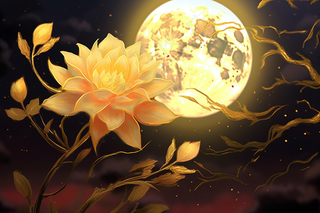 中秋月圆之夜牡丹花鲜花插画素材