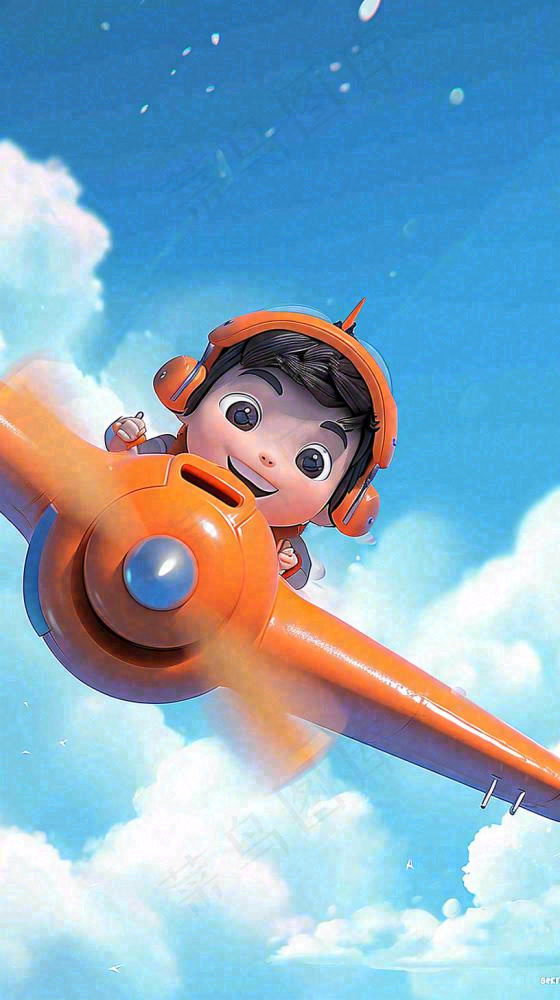 卡通少年男孩飞行飞机玩耍，可爱儿童节，天空白云