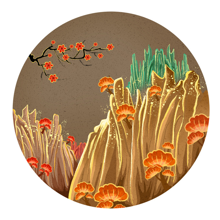 中国风国潮山水插画祥云中式手绘烫金线条元素png装饰背景PSD素材