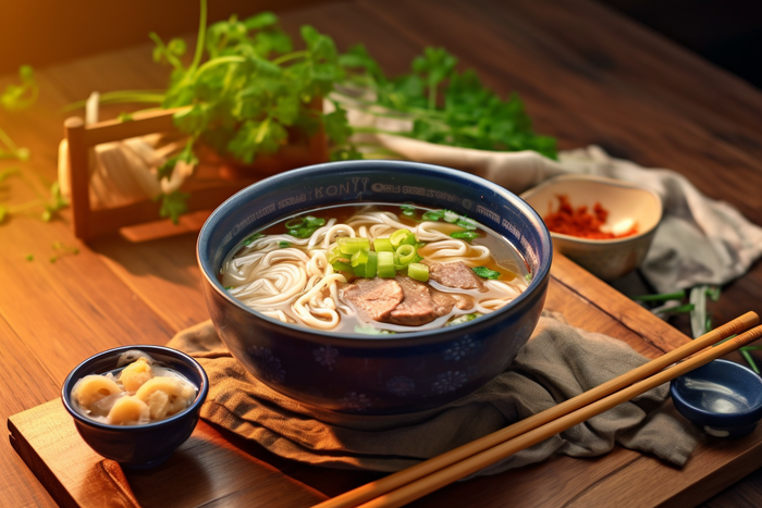 a bowl of soup sitting on top of a wooden table, a picture inspired by Tan Ting-pho, pexels contest winner, dau-al-set, traditional chinese, realistic photo of delicious pho, aokamei (4032x2688)