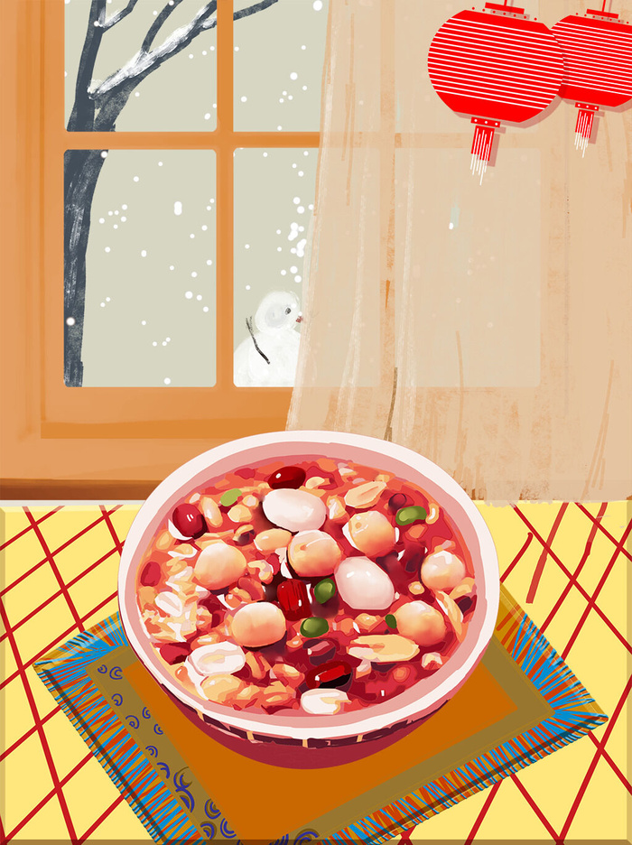 中国传统节日手绘卡通腊八节腊八粥插画海报PSD格式设计素材