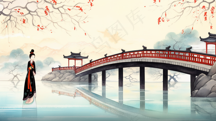 中国风古风少女小桥流水人家水墨画插画(4368x2448)