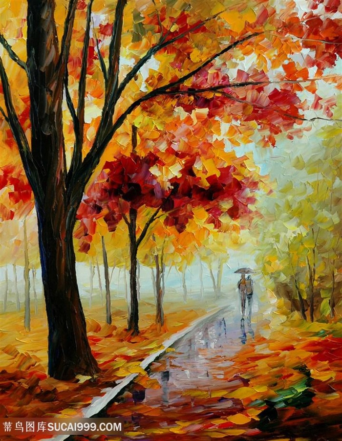 树林公园水彩道路美景装饰画