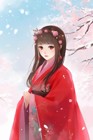 冬日古风穿红色披风的女孩赏雪景卡通插画背景