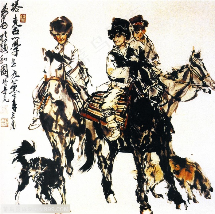 国画名家作品-黄胄的放学