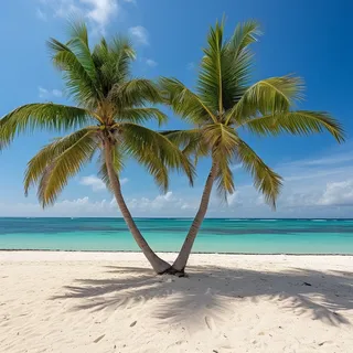 沙滩上的几棵棕榈树的照片，海滩上的棕榈树热带海滩摄影图