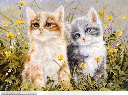 草丛中两只可爱小猫手绘可爱动物高清图片