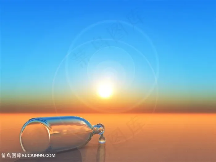 广阔沙漠上的玻璃瓶高清风景图片