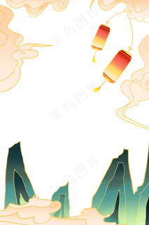 国潮手绘古风海浪花朵祥云装饰边框相框免抠