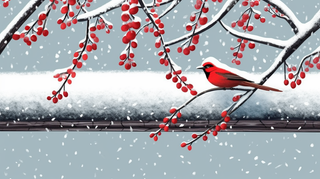 下雪天红色果实的树枝是铺满了雪和小鸟