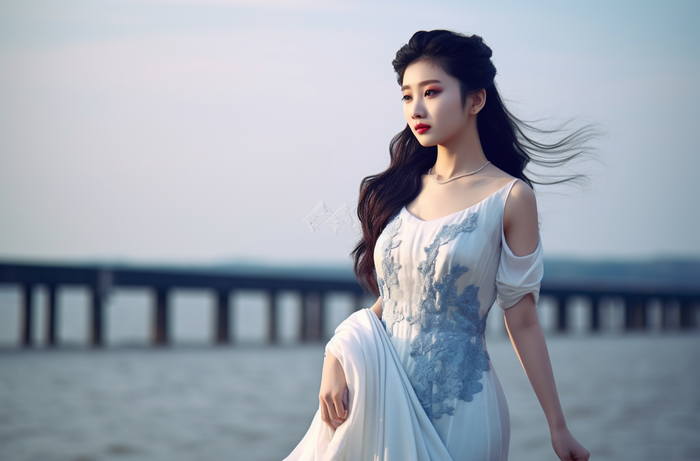 一个美女穿着一件漂亮的白色连衣裙在海边的拍照摄影图