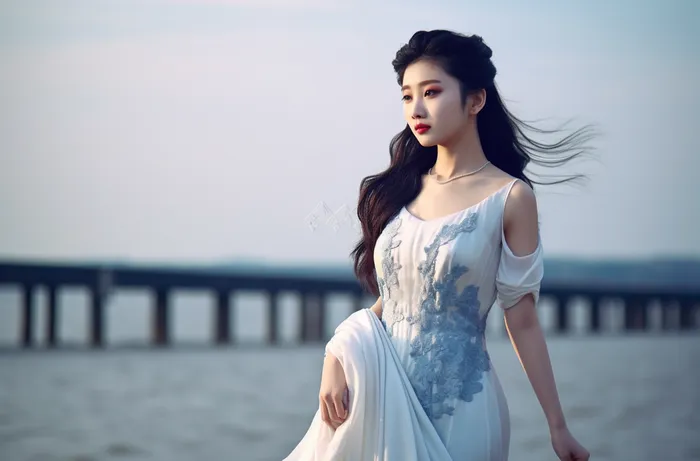 一个美女穿着一件漂亮的白色连衣裙在海边的拍照摄影图(4080x2688)