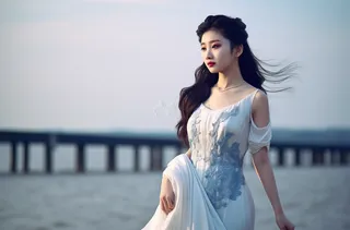 一个美女穿着一件漂亮的白色连衣裙在海边的拍照摄影图