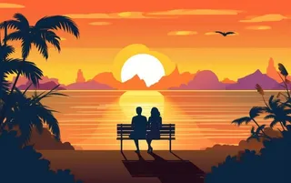 夕阳晚霞日楼情侣剪影橘红背景