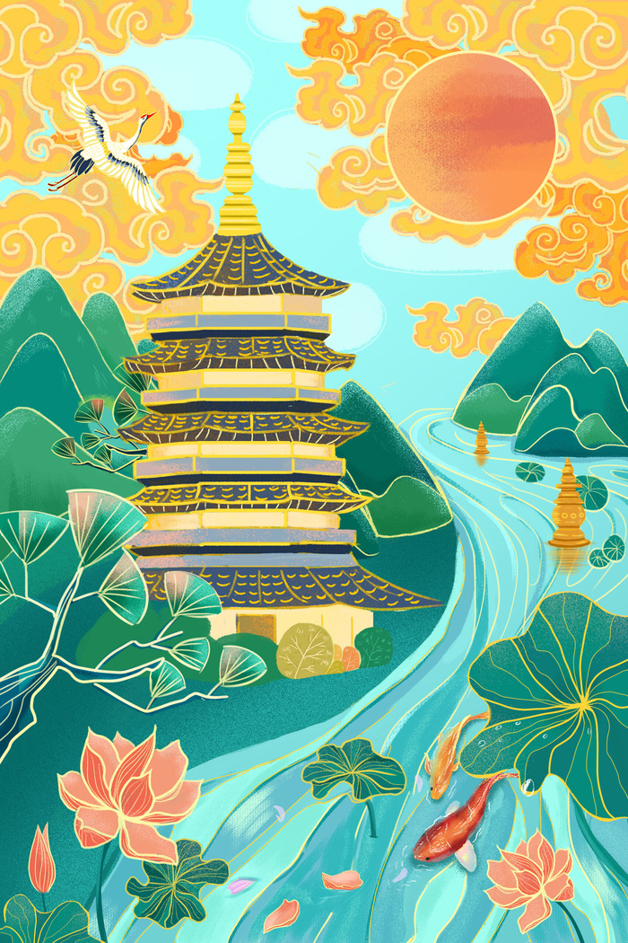 中国风国潮烫金仙鹤山水古建筑风景装饰插画背景PSD分层设计素材psd模版下载
