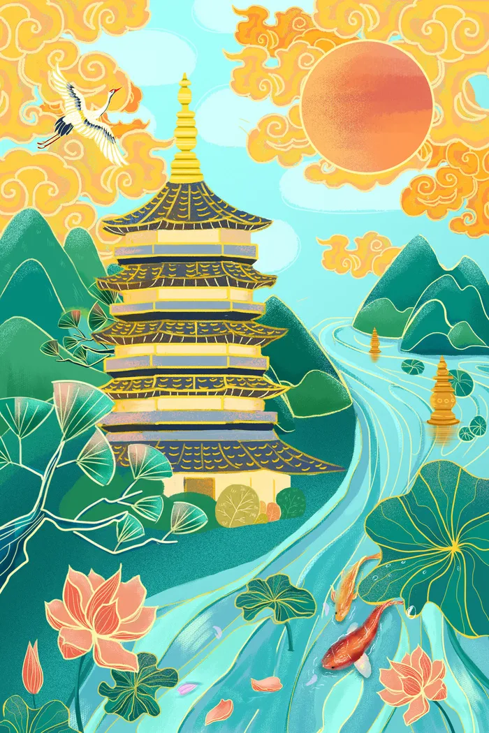 中国风国潮烫金仙鹤山水古建筑风景装饰插画背景PSD分层设计素材psd模版下载