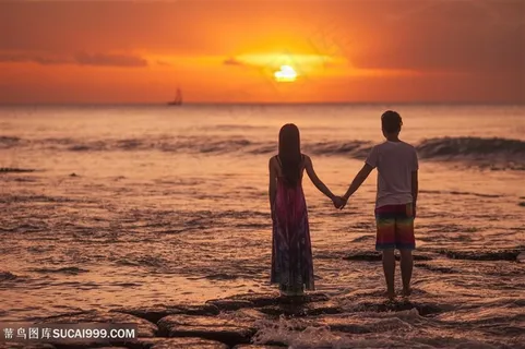 旅行中浪漫情侣在海中看夕阳