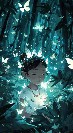 森林意境儿童少女灯光蝴蝶手绘插画，丛林树木