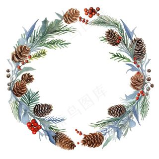 花环圣诞花环松球水彩免抠