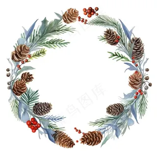 花环圣诞花环松球水彩免抠