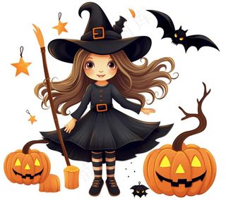 万圣节女巫蝙蝠南瓜卡通插画免抠