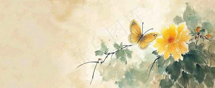 温馨纹理橙色花朵鲜花蝴蝶意境唯美，中国风(1712x704)